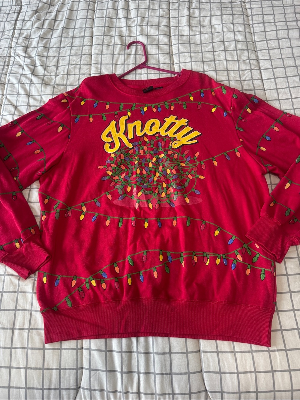 MAD Engine Red Crewneck Sweater with Multicolor Holiday Light Graphic